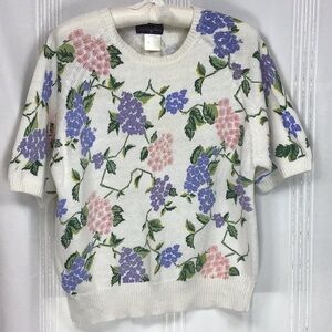 VTG Herman Geist Floral Cotton Blend Knit Short Sleeve Sweater